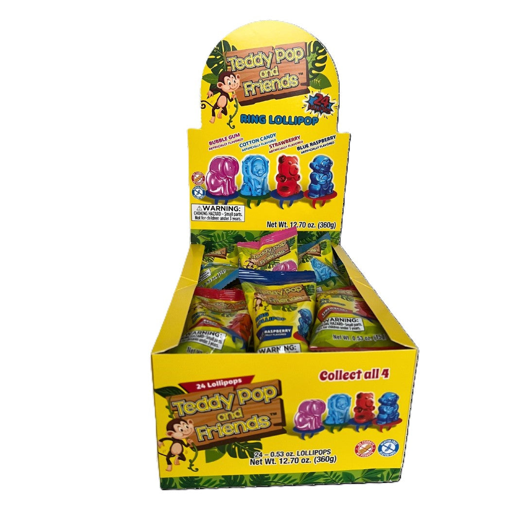 Teddy Pop and Friends Ring Lollipop, 24ct Box