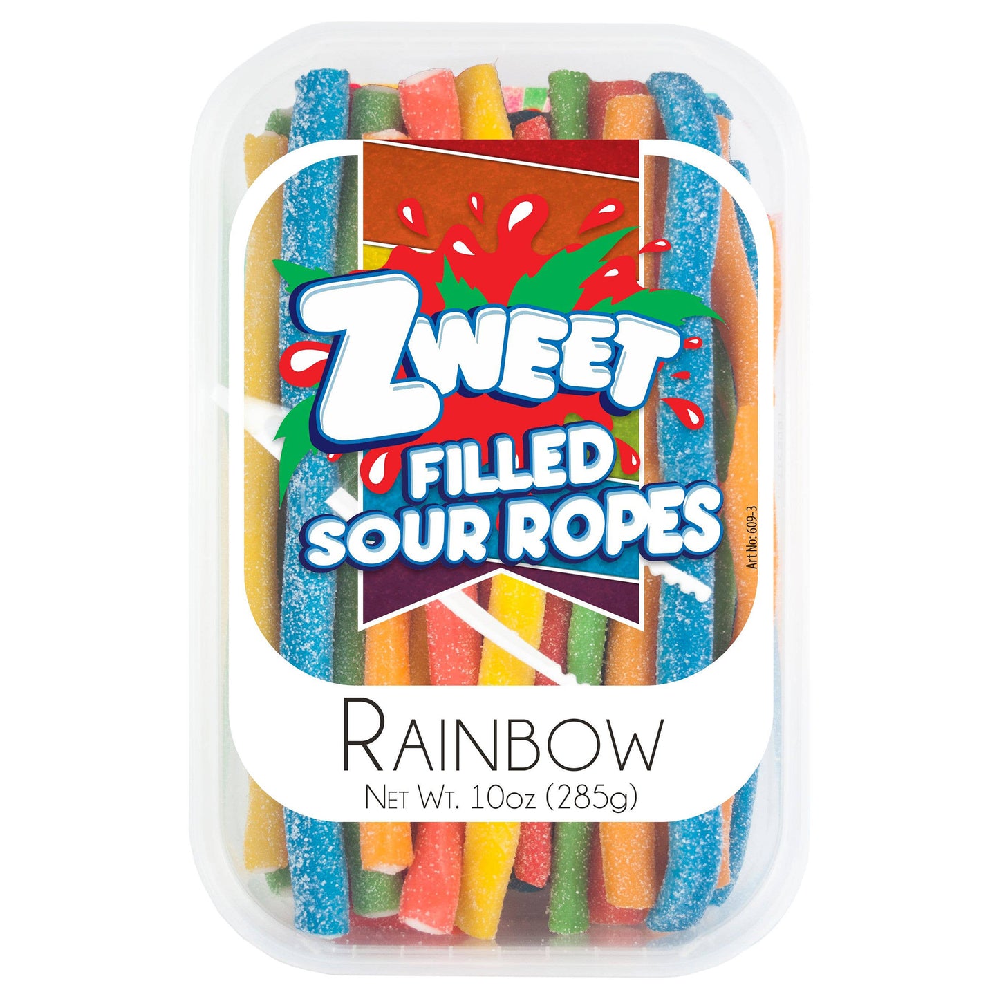 Zweet Gummies Filled Sour Rainbow Ropes, 10oz Tubs, 6ct Case