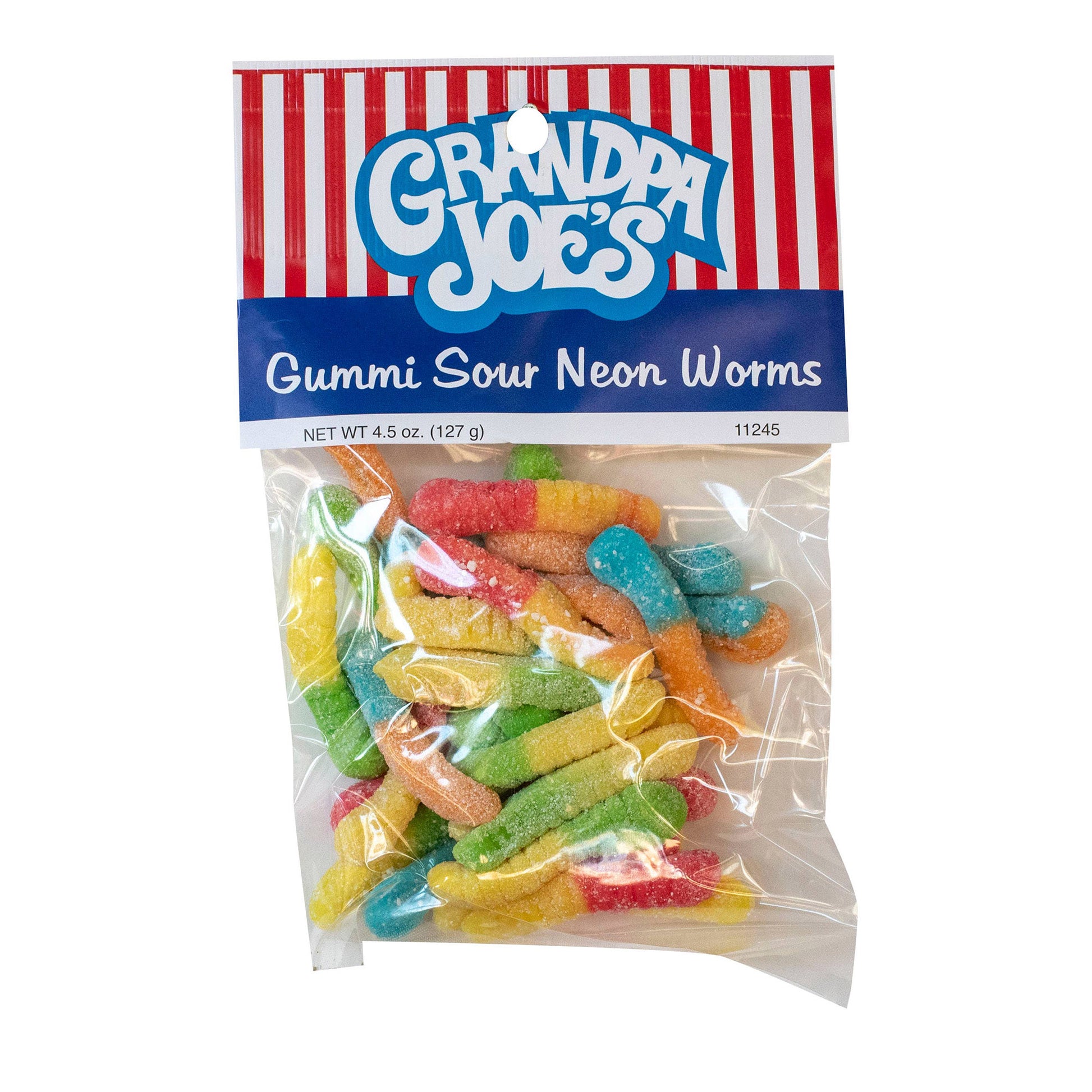 Grandpa Joe's Peg Bags, Sour Neon Worms, 4.5oz, 12 Ct Case