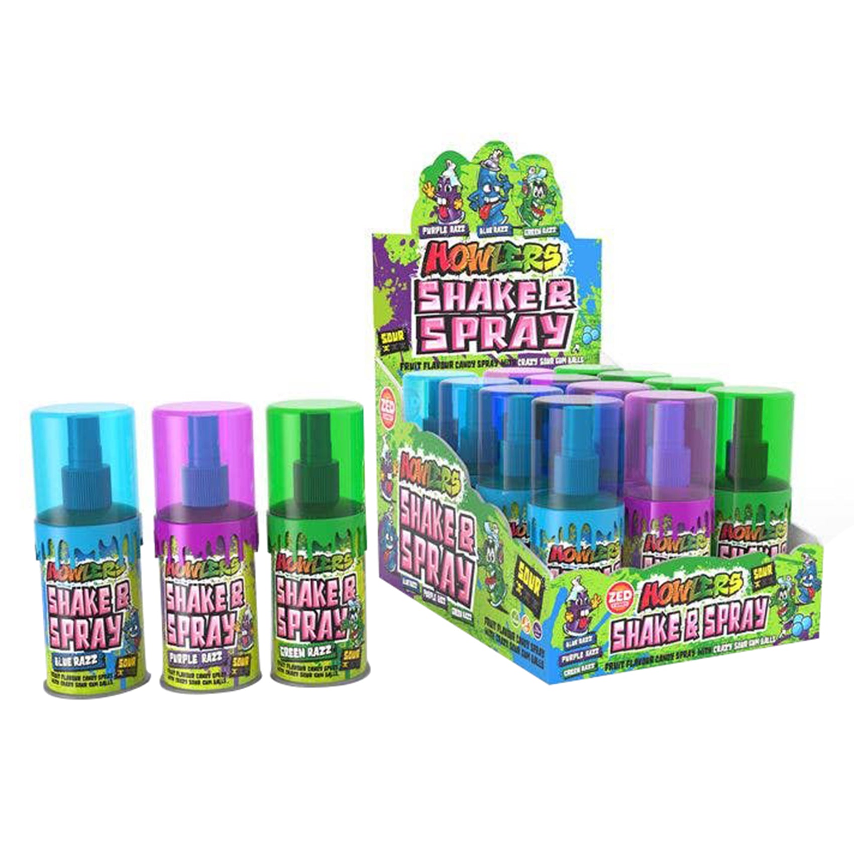 Albert's Howlers Shake & Spray Sour, Blue/Purple/Green, 12ct